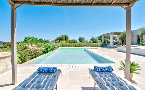 Villa Amelia Ostuni: Svømmepøl, Kompositmateriale, Udvej, Udendørs Møbler, Skygge, Udendørs Struktur, Stol, Eco Hotel, Landscaping, Pergola