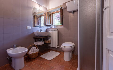 Villa Il Biancospino: Spejl, Sanitærarmatur, Toiletbræt, Ejendom, Toilet, Håndvask, Tap, Purple, Badeværelse, Badeværelsesvask