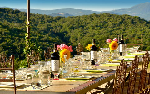 Villa Guardistallo: Himmel, Blomst, Bord, Bordservice, Ejendom, Plante, Bjerg, Dug, Natur, Stol