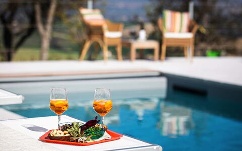 Villa Edelweiss: Mad, Bord, Bordservice, Møbel, Vand, Drinkware, Glasservice, Stol, Vinglas