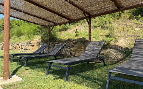 Villa Luana: Udendørs Møbler, Møbel, Skygge, Have, Udendørs Struktur, Liggestol, Naturmateriale, Hårdttræ, Backyard, Udendørs Bord