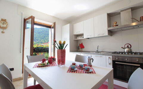 Apartment With Garden, Del Corlo Lake, Belluno: Bord, Cabinetry, Ejendom, Møbel, Countertop, Plante, Køkken, Indretning, Komfur, Etage
