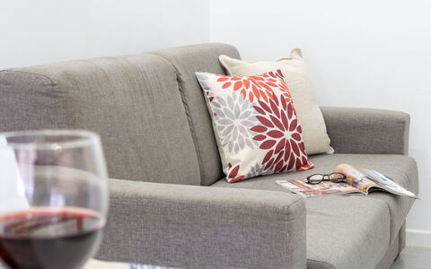 La Rondine Apartment: Møbel, Indretning, Couch, Pude, Throw Pillow, Textile, Stue, Gulvbelægning, Pude, Hjem
