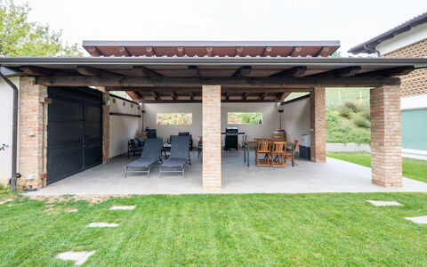 Cuadrat: Skygge, Udendørs Struktur, Mursten, Have, Backyard, Pergola, Gårdhave, Gårdsplads, Udendørs Møbler, Lawn