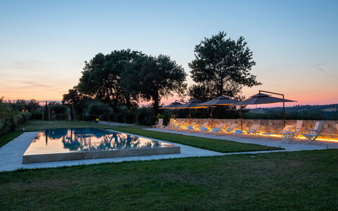 Poggio Mori 20: Svømmepøl, Landskab, Landscaping, Lawn, Water Feature, Aften, Skumring, Parkere, Reflekterende Pool, Skygge