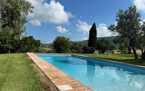 Molinazzo: Blå, Svømmepøl, Have, Landscaping, Skygge, Water Feature, Hacienda, Evergreen, Backyard
