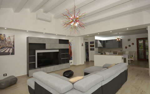 Villa Monaco: Møbel, Indretning, Gulvbelægning, Væg, Etage, Loft, Træ, Couch, Stue, Lysarmatur