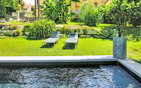 Emma: Svømmepøl, Busk, Have, Water Feature, Kompositmateriale, Backyard, Landscaping, Skygge, Gård, Lawn