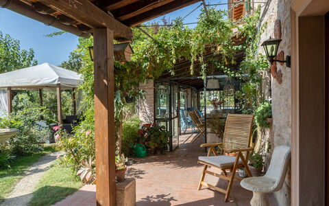 Villa Agave 8: Møbel, Blomsterkrukke, Stol, Bord, Udendørs Møbler, Stueplante, Have, Dør, Gårdhave