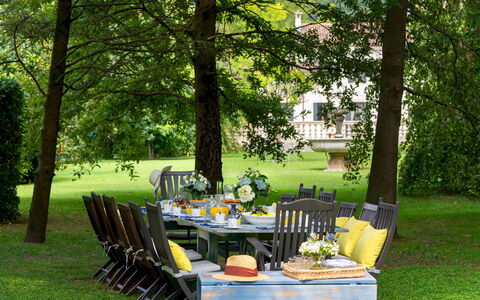 Villa Barchessa Panigai 8: Møbel, Udendørs Møbler, Stol, Bord, Have, Udendørs Bord, Lawn, Skygge, Backyard