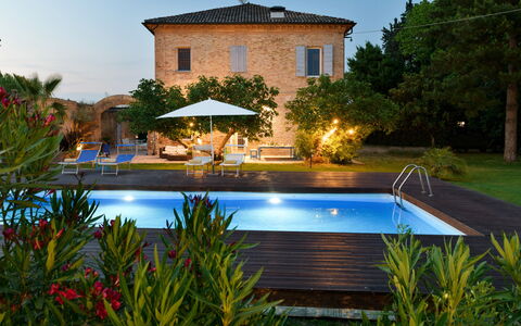 Villa Rustica 8: Svømmepøl, Udvej, Udendørs Møbler, Liggestol, Paraply, Boligområde, Møbel, Eco Hotel, Blomsterkrukke, Thermae
