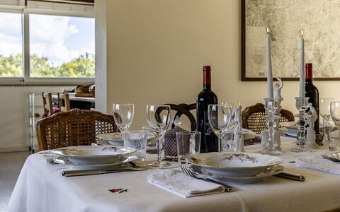 Villa Sparta 8+2: Møbel, Bordservice, Glasservice, Indretning, Bord, Drinkware, Dug, Textile, Spisestue, Stol